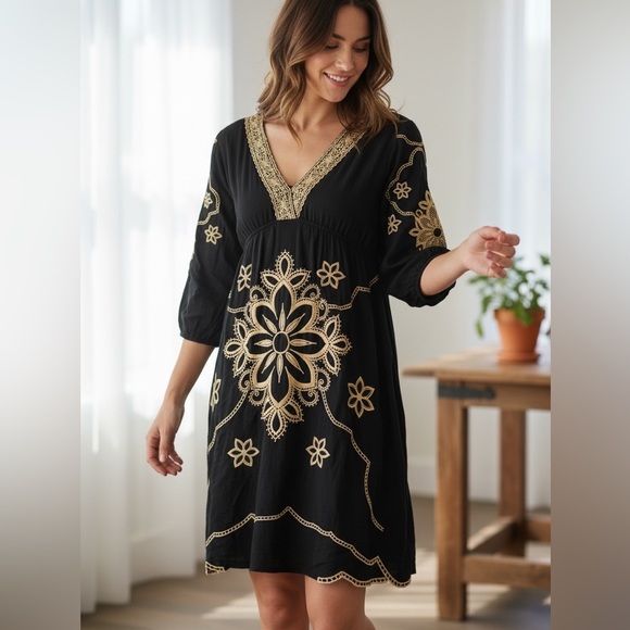 Forever 21 Dresses & Skirts - Forever 21 Black Dress with Gold Floral Boho Design